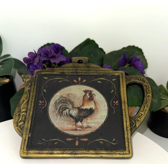 Vintage Rooster Themed Cast Metal Teapot Shaped Trivet/Wall Decor - Picture 3 of 10